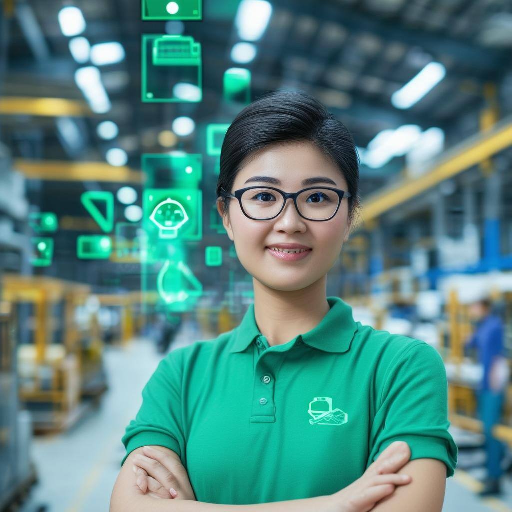 Smart Manufacturing, Ecommerce and Green Logistics, handling by people with Asian face