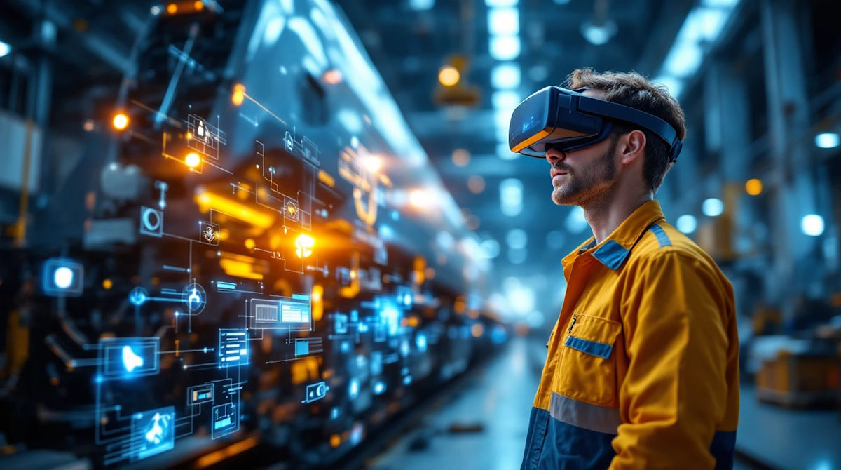 Man in Virtual Reality Headset in Industrial Setting Man in Virtual Reality Headset in Industrial Setting